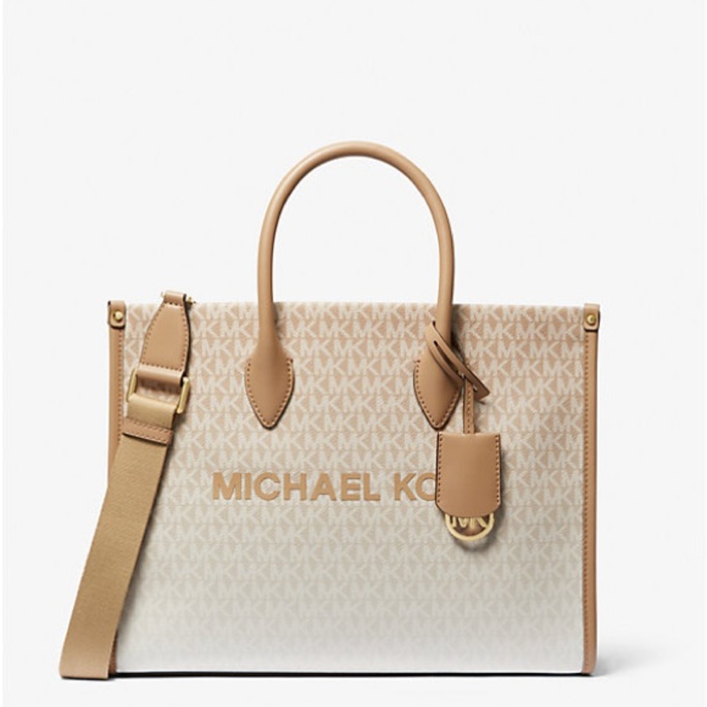 MICHEAL KORS MIRELLA MEDIUM OMBRÉ LOGO TOTE BAG CAMEL
